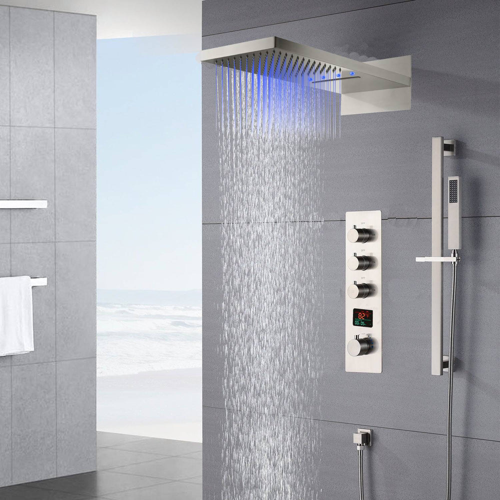 22inch rainfall and waterfall Brushed Nickel 3 Way digital Thermostatic Shower Faucet
