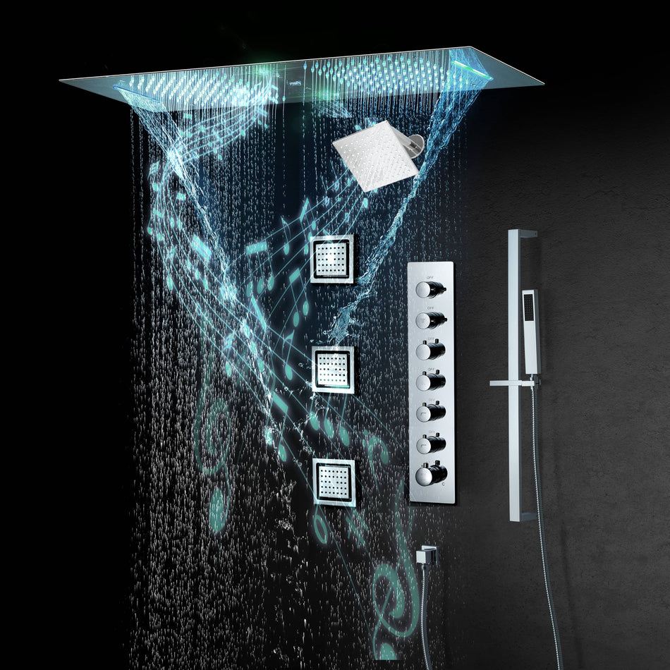 Chrome 36 Inch  Flushed Ceiling Mount Rainfall Waterfall Water Column 64 LED Light Bluetooth Music Shower Head 6 Way Thermostatic Shower Faucet Set with regular head, Body Jets and Touch Panel