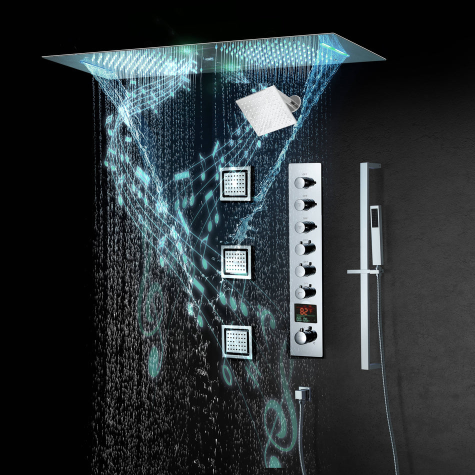Chrome 36 Inch  Flushed Ceiling Mount Rainfall Waterfall Water Column 64 LED Light Bluetooth Music Shower Head 6 Way Thermostatic Shower Faucet Set with regular head, Body Jets and Touch Panel