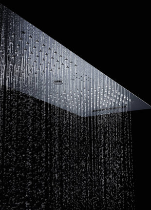 Matte Black 36 Inch  Flushed Ceiling Mount Rainfall Waterfall Water Column 64 LED Light Bluetooth Music Shower Head 8 Way Thermostatic Shower Faucet Set with Body Jets and Regular Head