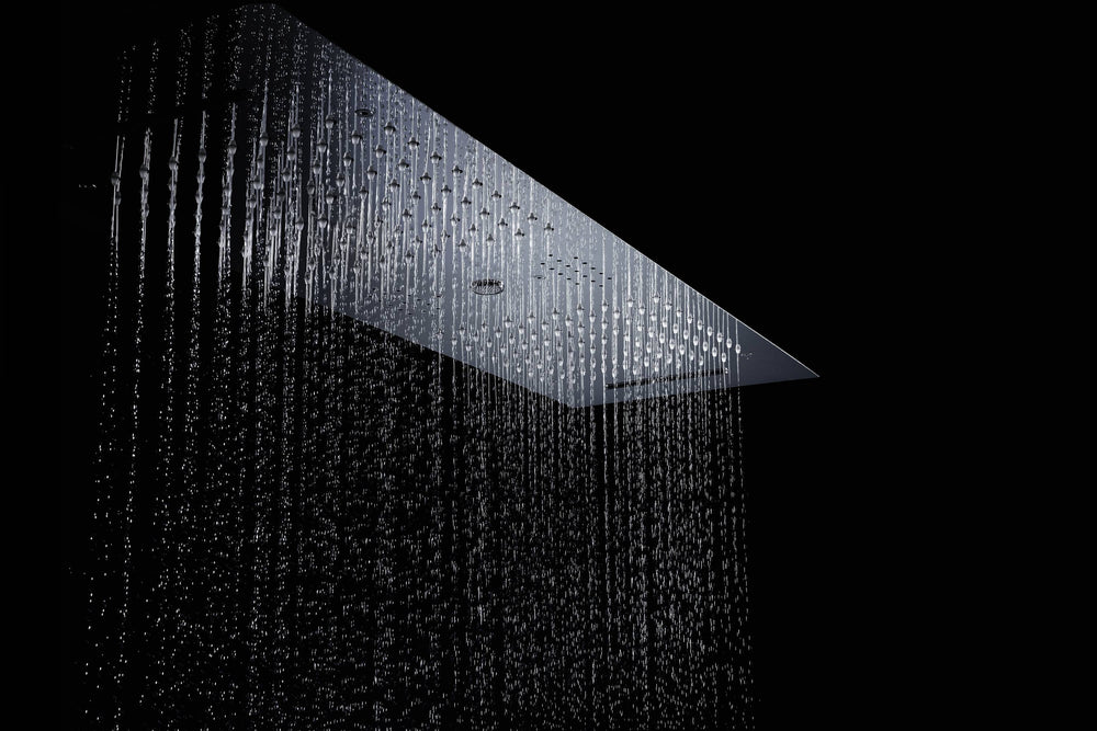 
                  
                    Matte Black 36 Inch  Flushed Ceiling Mount Rainfall Waterfall Water Column 64 LED Light Bluetooth Music Shower Head 5 Way Digital display Thermostatic Shower Faucet Set with Regular head and Touch Panel
                  
                