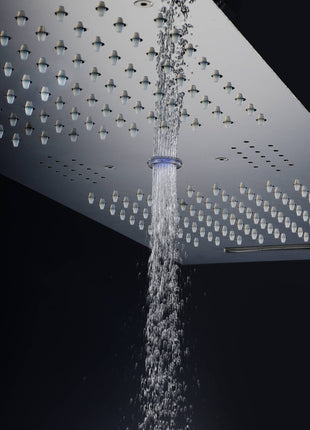 Matte Black 36 Inch  Flushed Ceiling Mount Rainfall Waterfall Water Column 64 LED Light Bluetooth Music Shower Head 5 Way Digital display Thermostatic Shower Faucet Set with Regular head and Touch Panel