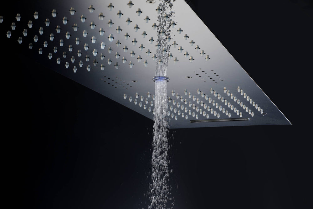 
                  
                    Chrome 36 Inch  Flushed Ceiling Mount Rainfall Waterfall Water Column 64 LED Light Bluetooth Music Shower Head 5 Way Thermostatic Shower Faucet Set with Body Jets and Regular heads
                  
                
