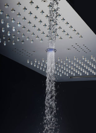 Matte Black 36 Inch  Flushed Ceiling Mount Rainfall Waterfall Water Column 64 LED Light Bluetooth Music Shower Head 5 Way Thermostatic Shower Faucet Set with Body Jets and Regular heads