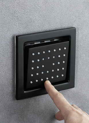 Matte Black 36 Inch  Flushed Ceiling Mount Rainfall Waterfall Water Column 64 LED Light Bluetooth Music Shower Head 5 Way Digital display Thermostatic Shower Faucet Set with Regular head and Touch Panel