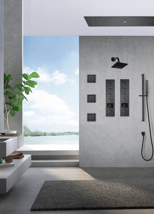 Matte Black 36 Inch  Flushed Ceiling Mount Rainfall Waterfall Water Column 64 LED Light Bluetooth Music Shower Head 8 Way Thermostatic Shower Faucet Set with Body Jets and Regular Head