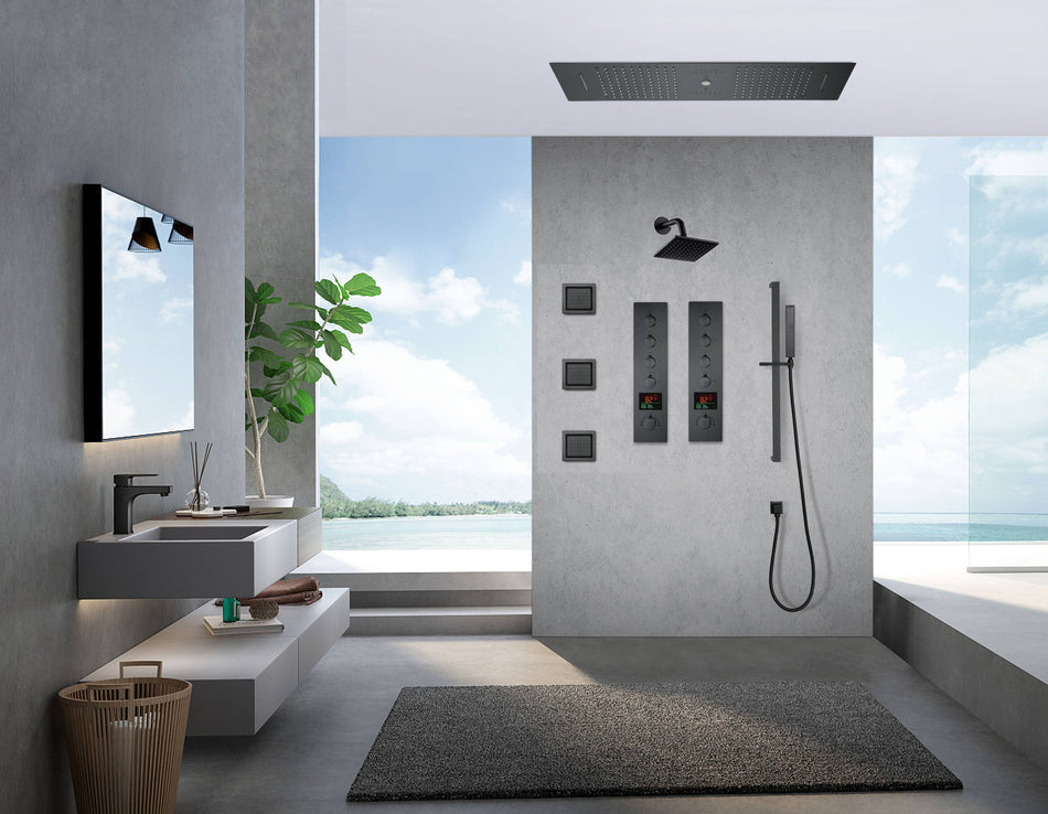 Matte Black 36 Inch  Flushed Ceiling Mount Rainfall Waterfall Water Column 64 LED Light Bluetooth Music Shower Head 8 Way Thermostatic Shower Faucet Set with Body Jets and Regular Head