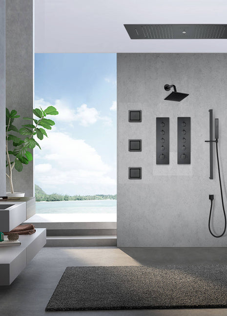 Matte Black 36 Inch  Flushed Ceiling Mount Rainfall Waterfall Water Column 64 LED Light Bluetooth Music Shower Head 8 Way Thermostatic Shower Faucet Set with Body Jets and Regular Head