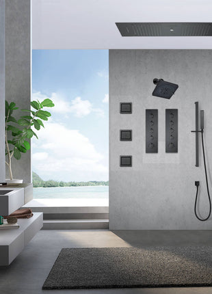 Matte Black 36 Inch  Flushed Ceiling Mount Rainfall Waterfall Water Column 64 LED Light Bluetooth Music Shower Head 8 Way Thermostatic Shower Faucet Set with Body Jets and Regular Head