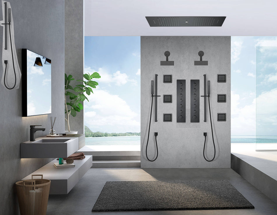 Matte Black 36 Inch  Flushed Ceiling Mount Rainfall Waterfall Water Column 64 LED Light Bluetooth Music Shower Head 12 Way Thermostatic Shower Faucet Set with Body Jets and Regular heads