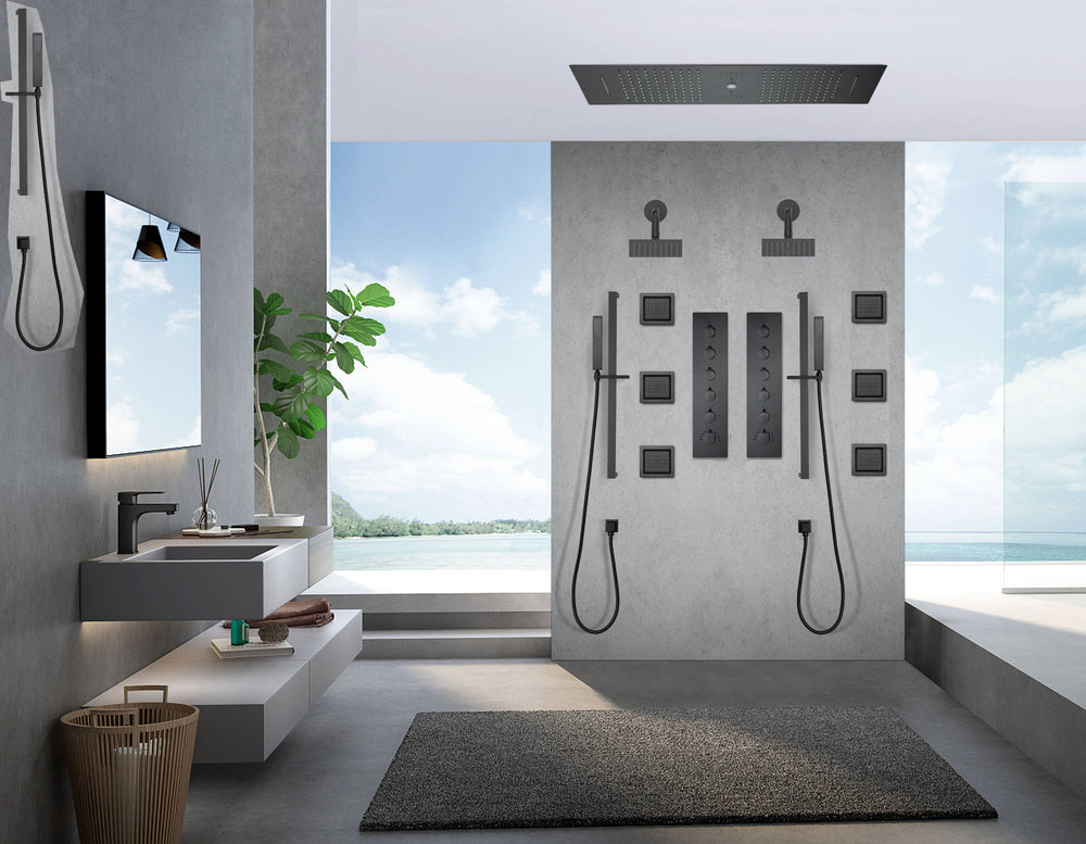 
                  
                    Matte Black 36 Inch  Flushed Ceiling Mount Rainfall Waterfall Water Column 64 LED Light Bluetooth Music Shower Head 5 Way Thermostatic Shower Faucet Set with Body Jets and Regular heads
                  
                