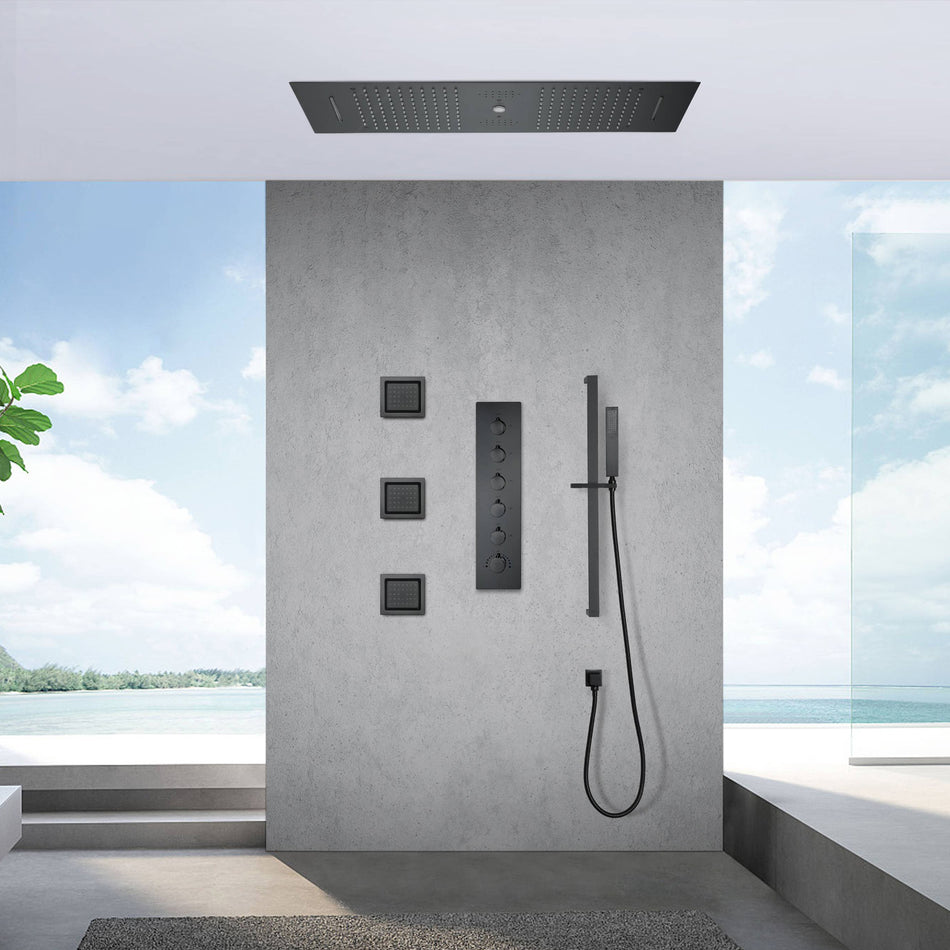 Matte Black 36 Inch  Flushed Ceiling Mount Rainfall Waterfall Water Column 64 LED Light Bluetooth Music Shower Head 5 Way Thermostatic Shower Faucet Set with Body Jets and Touch Panel