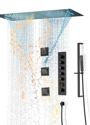 Matte Black 36 Inch  Flushed Ceiling Mount Rainfall Waterfall Water Column 64 LED Light Bluetooth Music Shower Head 5 Way Digital display Thermostatic Shower Faucet Set with Regular head and Touch Panel