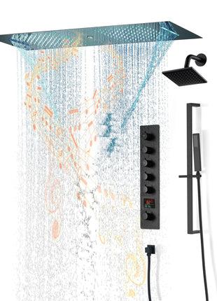 Matte Black 36 Inch  Flushed Ceiling Mount Rainfall Waterfall Water Column 64 LED Light Bluetooth Music Shower Head 5 Way Digital display Thermostatic Shower Faucet Set with Regular head and Touch Panel