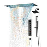 Matte Black 36 Inch  Flushed Ceiling Mount Rainfall Waterfall Water Column 64 LED Light Bluetooth Music Shower Head 5 Way Digital display Thermostatic Shower Faucet Set with Regular head and Touch Panel