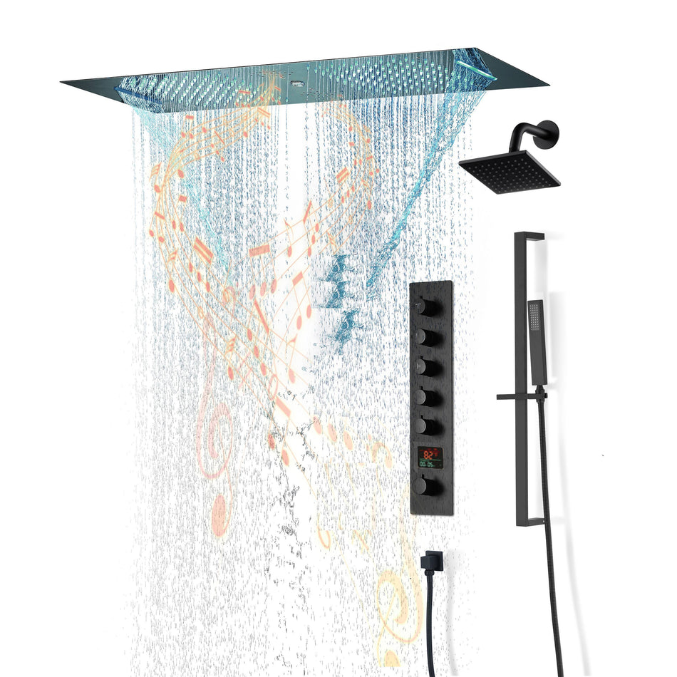 Matte Black 36 Inch  Flushed Ceiling Mount Rainfall Waterfall Water Column 64 LED Light Bluetooth Music Shower Head 5 Way Digital display Thermostatic Shower Faucet Set with Regular head and Touch Panel