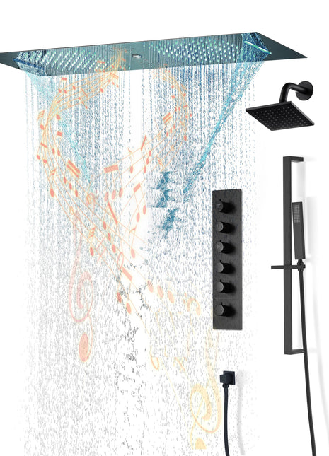 Matte Black 36 Inch  Flushed Ceiling Mount Rainfall Waterfall Water Column 64 LED Light Bluetooth Music Shower Head 5 Way Digital display Thermostatic Shower Faucet Set with Regular head and Touch Panel