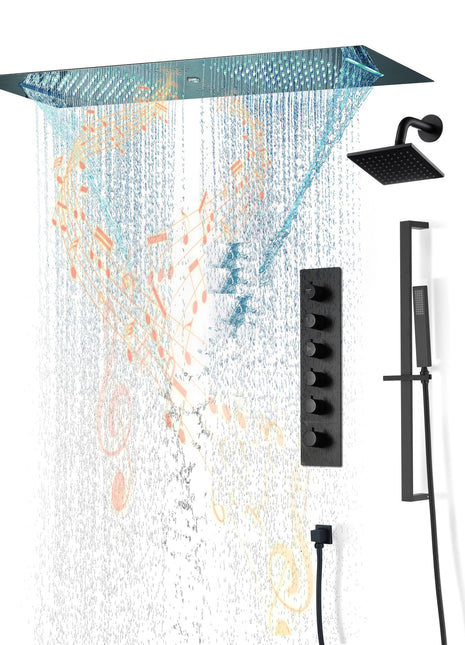 Matte Black 36 Inch  Flushed Ceiling Mount Rainfall Waterfall Water Column 64 LED Light Bluetooth Music Shower Head 5 Way Digital display Thermostatic Shower Faucet Set with Regular head and Touch Panel
