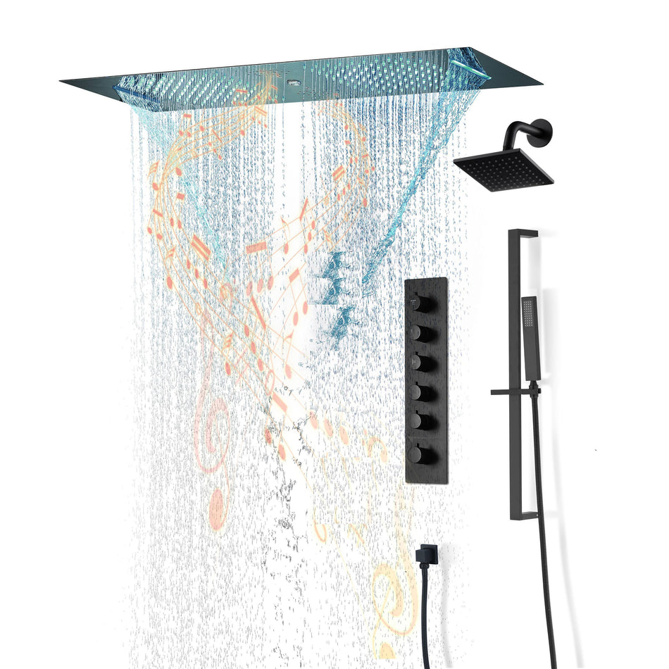 Matte Black 36 Inch  Flushed Ceiling Mount Rainfall Waterfall Water Column 64 LED Light Bluetooth Music Shower Head 5 Way Digital display Thermostatic Shower Faucet Set with Regular head and Touch Panel