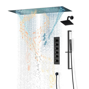 
                  
                    Matte Black 36 Inch  Flushed Ceiling Mount Rainfall Waterfall Water Column 64 LED Light Bluetooth Music Shower Head 5 Way Digital display Thermostatic Shower Faucet Set with Regular head and Touch Panel
                  
                