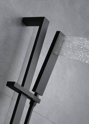 Matte Black 36 Inch  Flushed Ceiling Mount Rainfall Waterfall Water Column 64 LED Light Bluetooth Music Shower Head 5 Way Thermostatic Shower Faucet Set with Body Jets and Regular heads