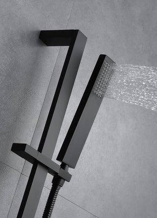 Matte Black 36 Inch  Flushed Ceiling Mount Rainfall Waterfall Water Column 64 LED Light Bluetooth Music Shower Head 5 Way Digital display Thermostatic Shower Faucet Set with Regular head and Touch Panel