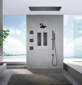 Matte Black 36 Inch  Flushed Ceiling Mount Rainfall Waterfall Water Column 64 LED Light Bluetooth Music Shower Head 8 Way Thermostatic Shower Faucet Set with Body Jets and Regular Head