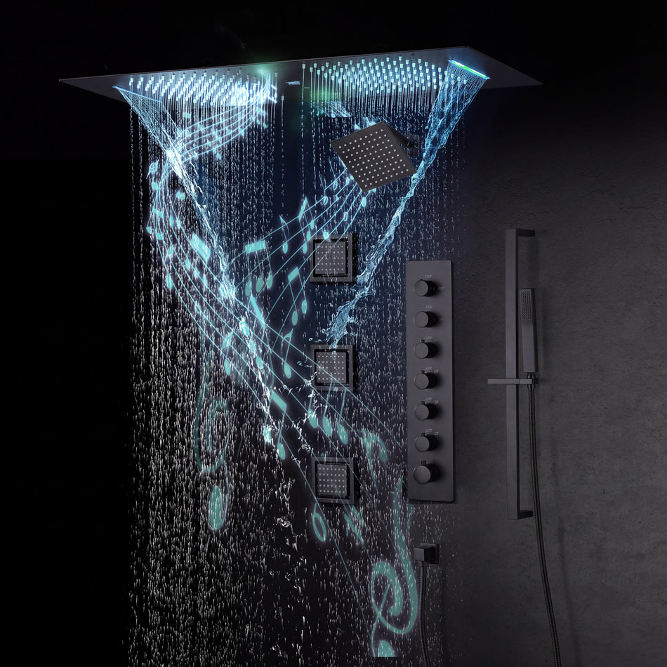 Chrome Or matte black Or Brushed Gold 36 Inch  Flushed Ceiling Mount Rainfall Waterfall Water Column 64 LED Light Bluetooth Music Shower Head 6 Way Thermostatic Shower Faucet Set with regular head, Body Jets and Touch Panel