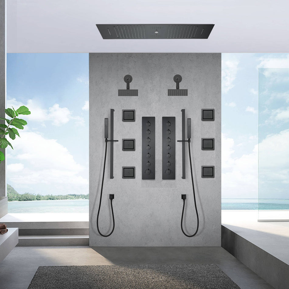Matte Black 36 Inch  Flushed Ceiling Mount Rainfall Waterfall Water Column 64 LED Light Bluetooth Music Shower Head 12 Way Thermostatic Shower Faucet Set with Body Jets and Regular heads