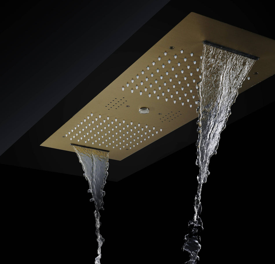 Brushed Gold 36 Inch  Flushed Ceiling Mount Rainfall Waterfall Water Column 64 LED Light Bluetooth Music Shower Head 5 Way Thermostatic Shower Faucet Set with Body Jets and regular heads