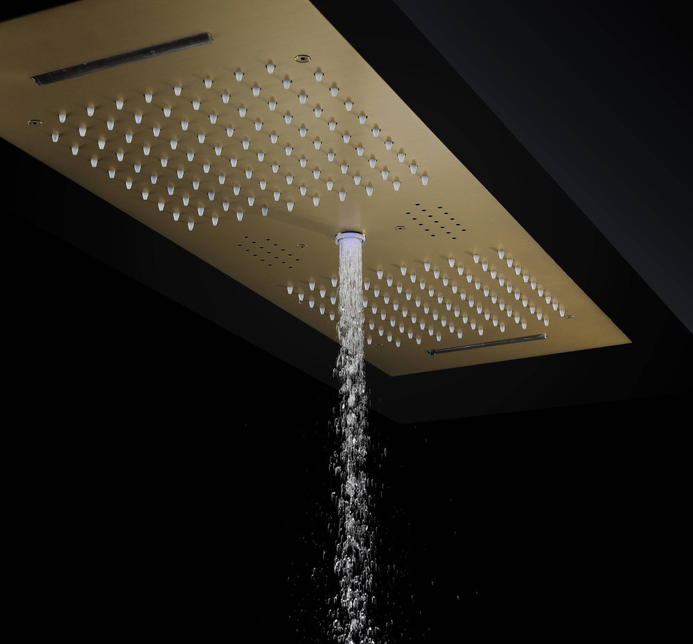 
                  
                    Brushed Gold 36 Inch  Flushed Ceiling Mount Rainfall Waterfall Water Column 64 LED Light Bluetooth Music Shower Head 5 Way Digital display Thermostatic Shower Faucet Set with Regular head and Touch Panel
                  
                