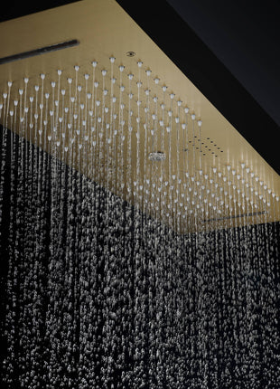 Brushed Gold 36 Inch  Flushed Ceiling Mount Rainfall Waterfall Water Column 64 LED Light Bluetooth Music Shower Head 5 Way Thermostatic Shower Faucet Set with Body Jets and regular heads