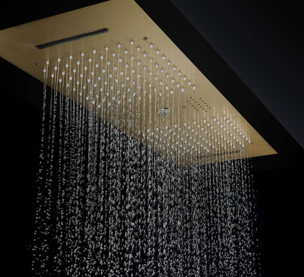 
                  
                    Brushed Gold 36 Inch  Flushed Ceiling Mount Rainfall Waterfall Water Column 64 LED Light Bluetooth Music Shower Head 5 Way Thermostatic Shower Faucet Set with Body Jets and regular heads
                  
                