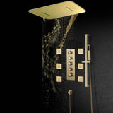 Brushed Gold 64 LED Lights bluetooth music Rainfall Waterfall 23 Inch Shower Head 4 Way Thermostatic Shower System with Body Jets and Slide Bar
