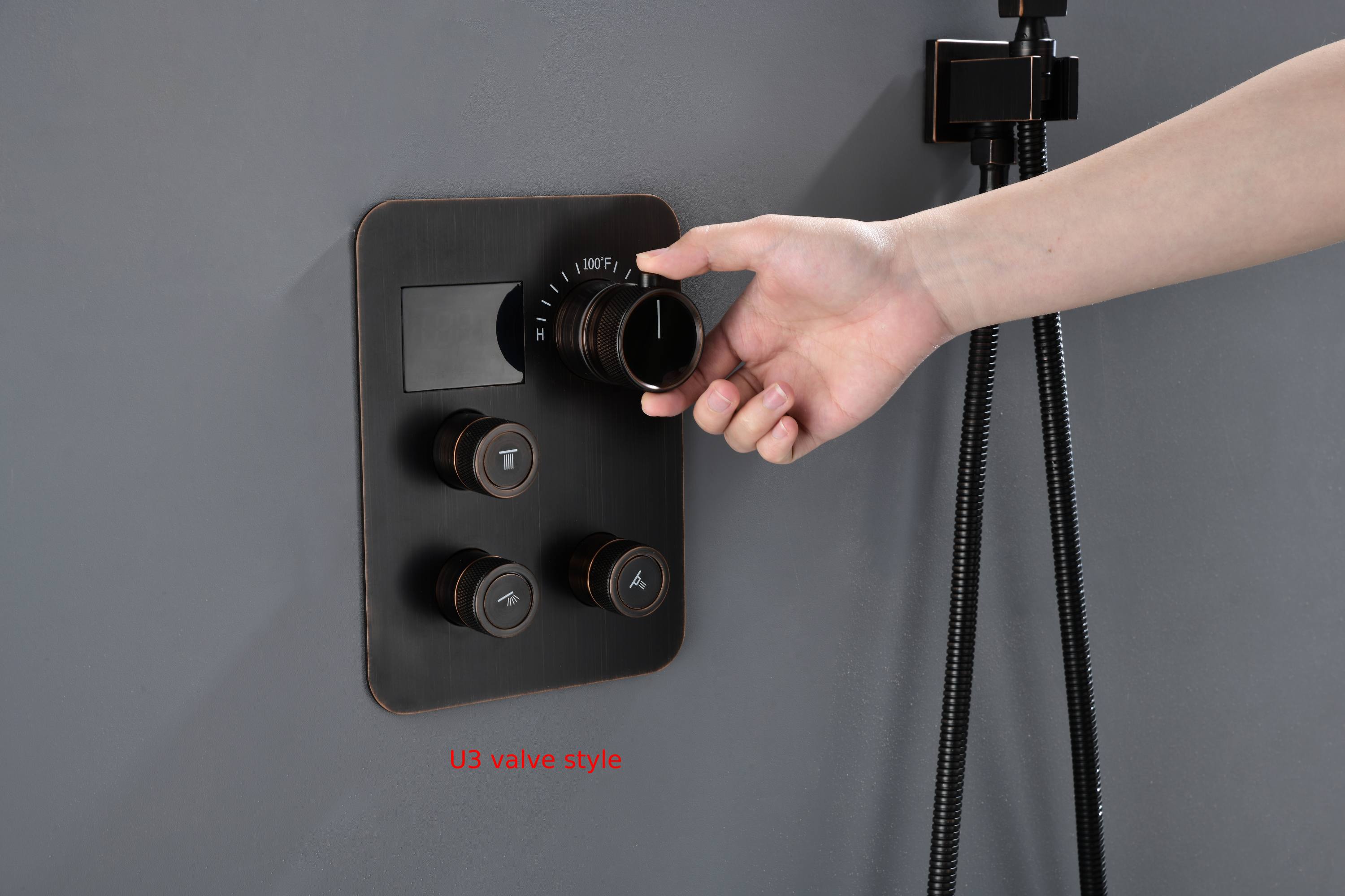 64 LED light Bluetooth Music 20-inch Rainfall Waterfall Flush Mounted Oil Rubbed Bronze 6-Way Thermostatic Shower Faucet System With Regular Heads And Handle Wand,Body Jets - Grolta Group USA