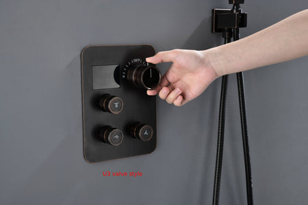 64 LED light Bluetooth Music 20-inch Rainfall Waterfall Flush Mounted Oil Rubbed Bronze 6-Way Thermostatic Shower Faucet System With Regular Heads And Handle Wand,Body Jets - Grolta Group USA