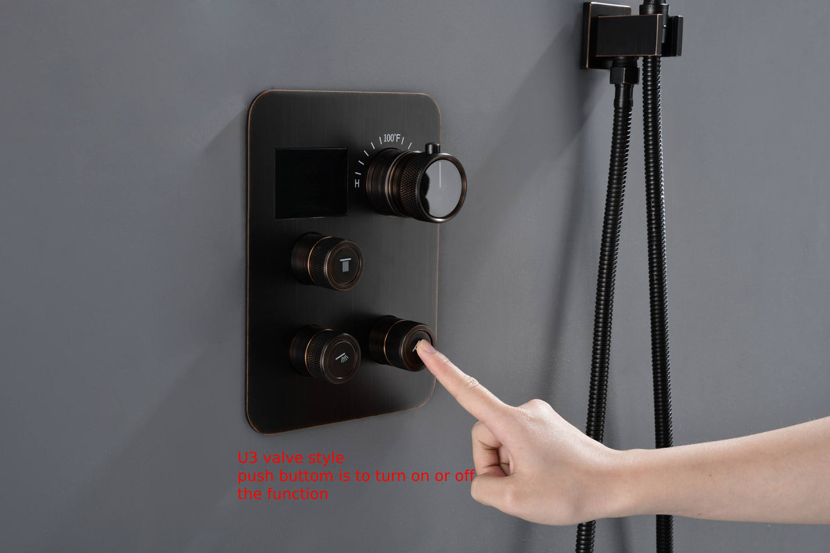 64 LED light Bluetooth Music 20-inch Rainfall Waterfall Flush Mounted Oil Rubbed Bronze 6-Way Thermostatic Shower Faucet System With Regular Heads And Handle Wand,Body Jets - Grolta Group USA