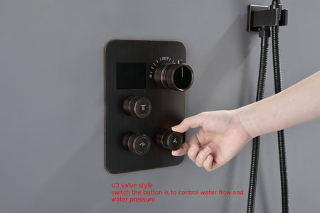 12-Inch Rainfall with our Wall-Mounted Oil Rubbed Bronze 3-Way Thermostatic Shower Faucet System: Simultaneous and Independent Functionality with Tub Spout,LED or Non-LED Options - Grolta Group USA