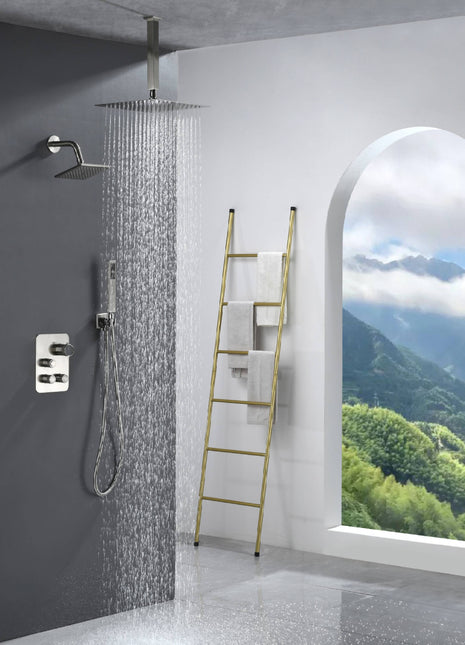 Brushed nickel Ceiling 12 Inch led Light Rainfall Shower Head Wall Mount 6 Inch Regular High Water Pressure Shower Head 3 Way Thermostatic Shower Faucet Each Function Work All together and separately