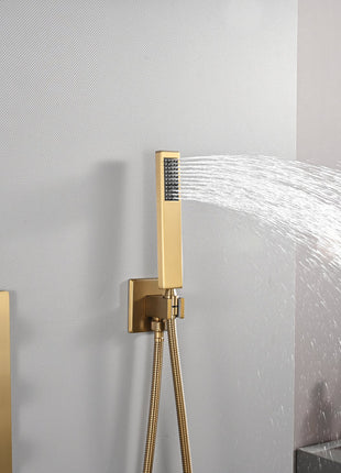 Brushed Gold Dual rainfall shower head high pressure shower head 3 way thermostatic valve shower heads systems each function work at the same time and separately