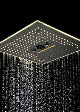 Matte black flushed on 16 inch rainfall waterfall mist hydro-water massage 64 LED light Bluetooth Music shower head 5 way digital display shower faucet