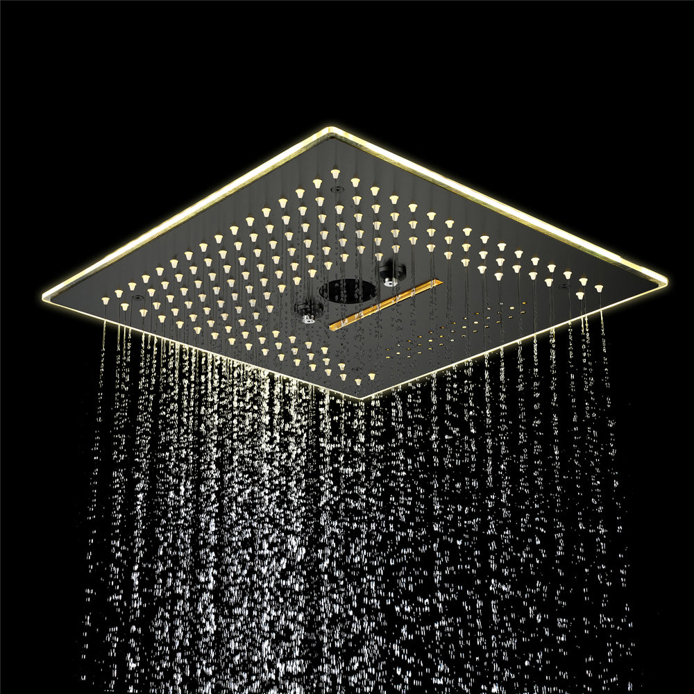 
                  
                    Matte black flushed on 16 inch rainfall waterfall mist hydro-water massage 64 LED light Bluetooth Music shower head 5 way digital display shower faucet
                  
                