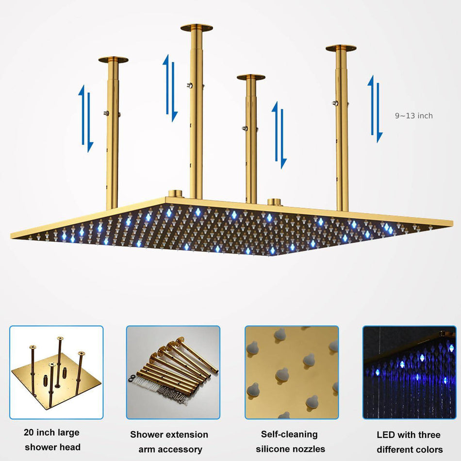 Brushed Gold 20-Inch or 24-Inch Ceiling Mounted Rainfall Shower Head: 3 LED Colors and Classic Elegance
