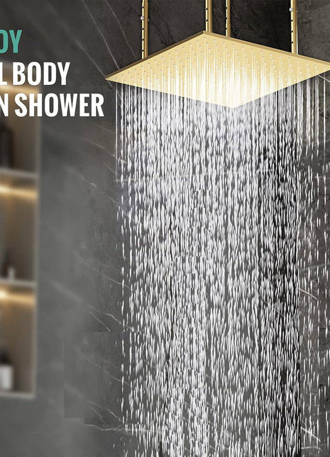 Brushed Gold 20-Inch or 24-Inch Ceiling Mounted Rainfall Shower Head: 3 LED Colors and Classic Elegance