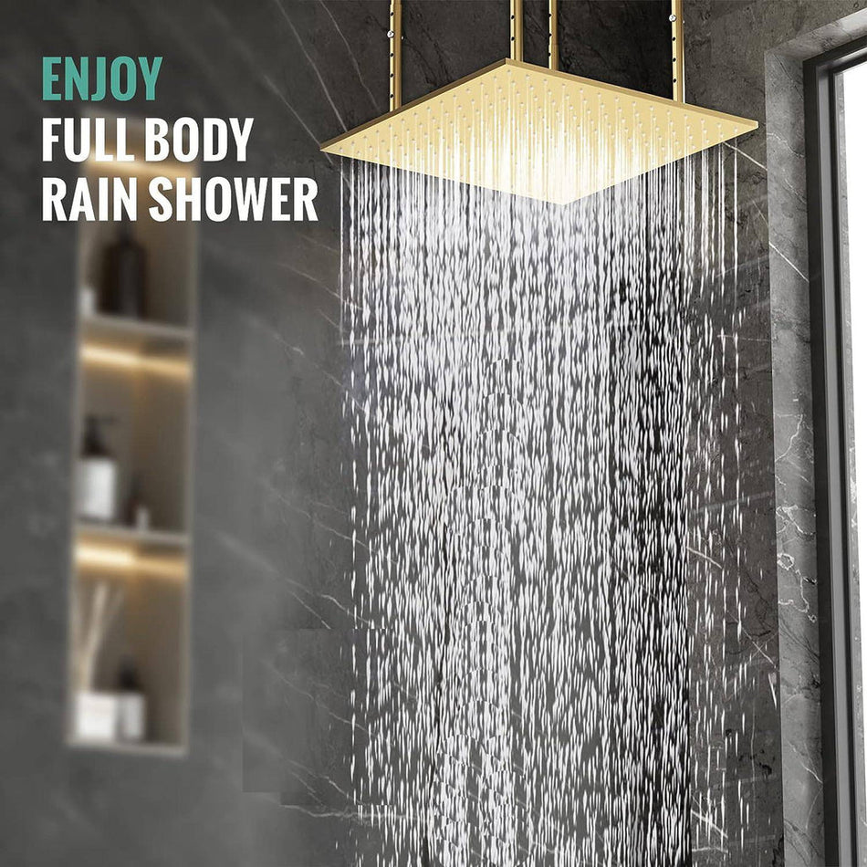 Brushed Gold 20-Inch or 24-Inch Ceiling Mounted Rainfall Shower Head: 3 LED Colors and Classic Elegance