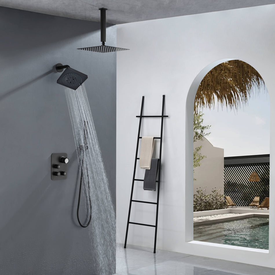 Matte Black Ceiling Mount 12 Inch or 16 inch Rainfall Shower Head Wall Mount 6 Inch Regular High Water Pressure Shower Head 3 Way Thermostatic Shower Faucet Each Function Work All Together And Separately