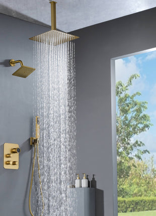 Brushed Gold Ceiling Mount Rainfall Head 3 Way Thermostatic Shower Faucet With 6'' Regular Head