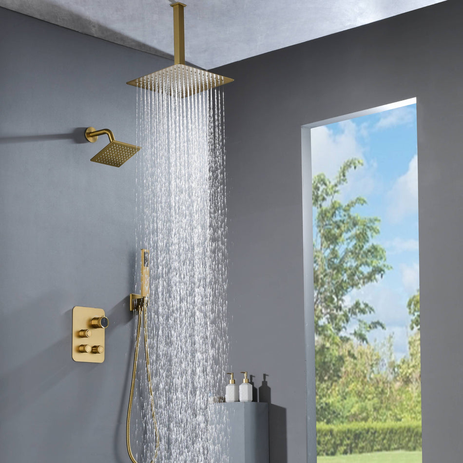 Brushed Gold Ceiling Mount Rainfall Head 3 Way Thermostatic Shower Faucet With 6'' Regular Head