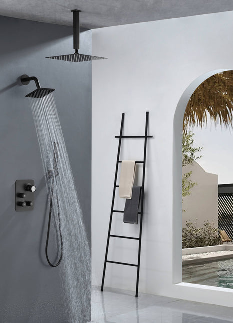 Matte Black Ceiling Mount 12 Inch or 16 inch Rainfall Shower Head Wall Mount 6 Inch Regular High Water Pressure Shower Head 3 Way Thermostatic Shower Faucet Each Function Work All Together And Separately