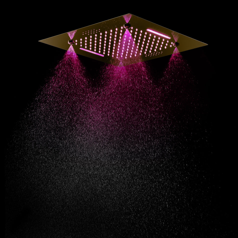 Brushed Gold Dual 20 Inch Flushed Ceiling Mount Rainfall Waterfall Mist 64 LED Light Bluetooth Music Shower Head 8 Way Thermostatic Shower Faucet Set with Body Jets and Touch Panel